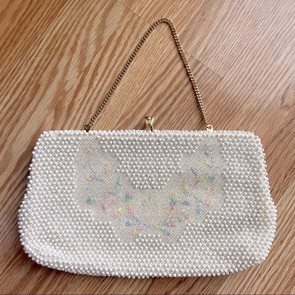 Vintage 1950s Corde Bead by Lumured White Caviar Beaded Handbag